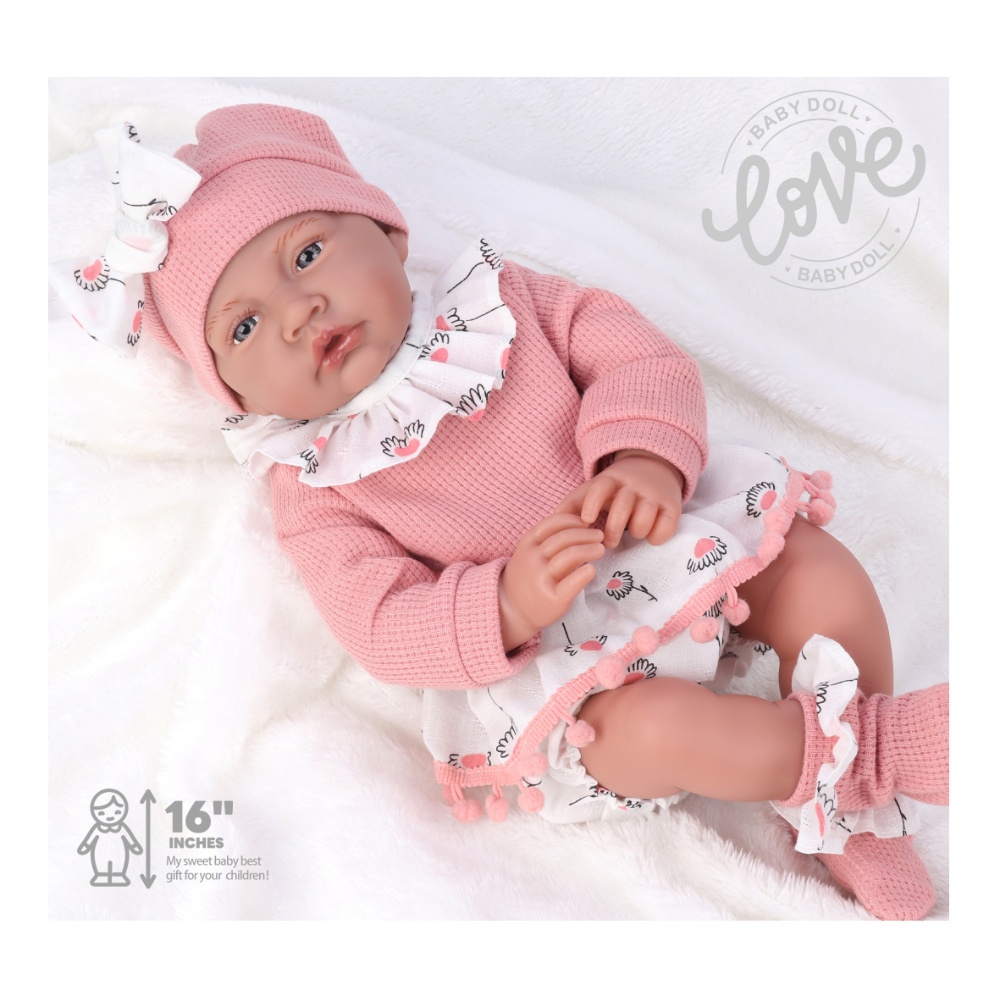 Baby Doll - Soft Cotton Body - Pink Dress, Beanie & Shoes - 40cm - Image 2