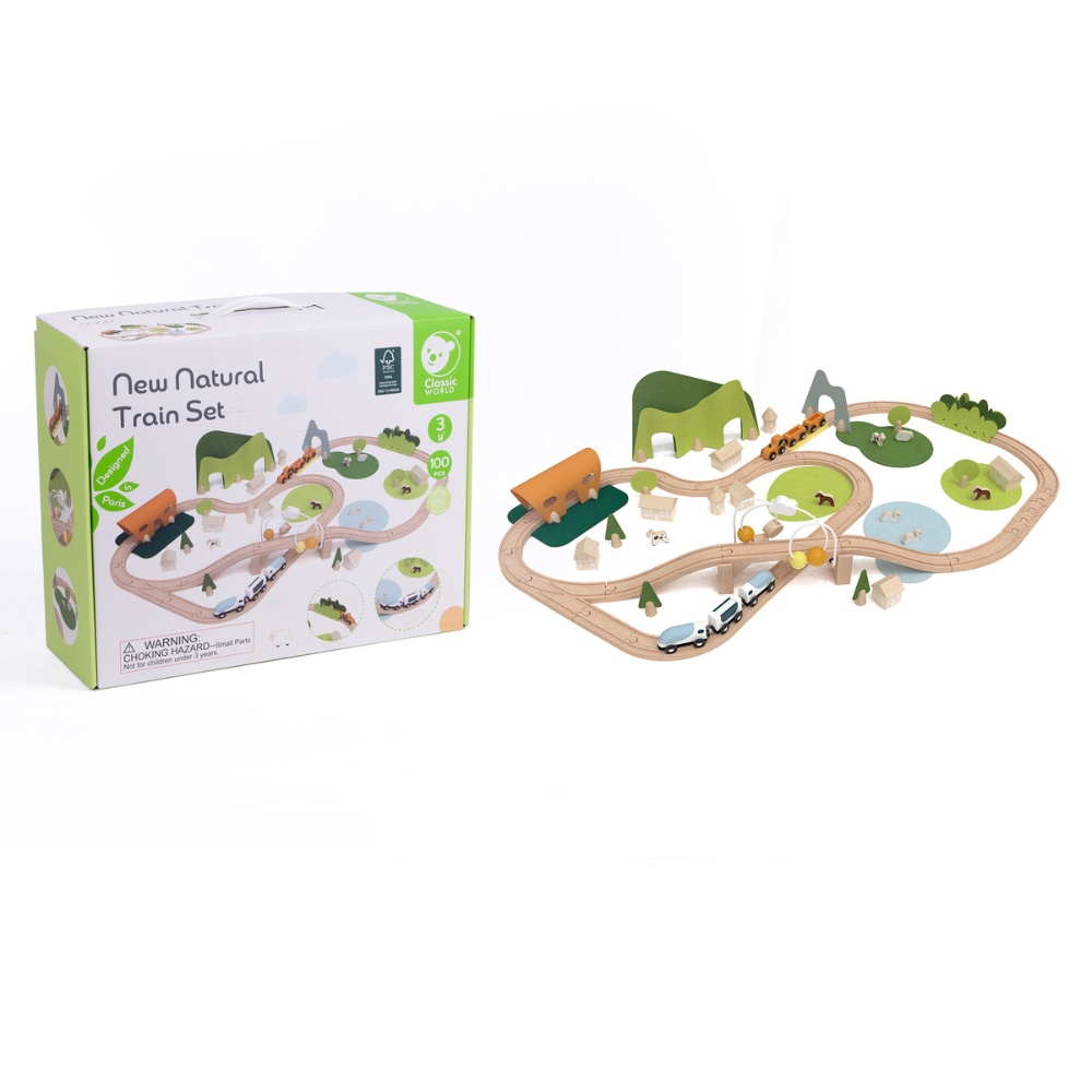 Classic World - Pretend & Play - Natural Wooden Train Set - 100pcs - Image 7