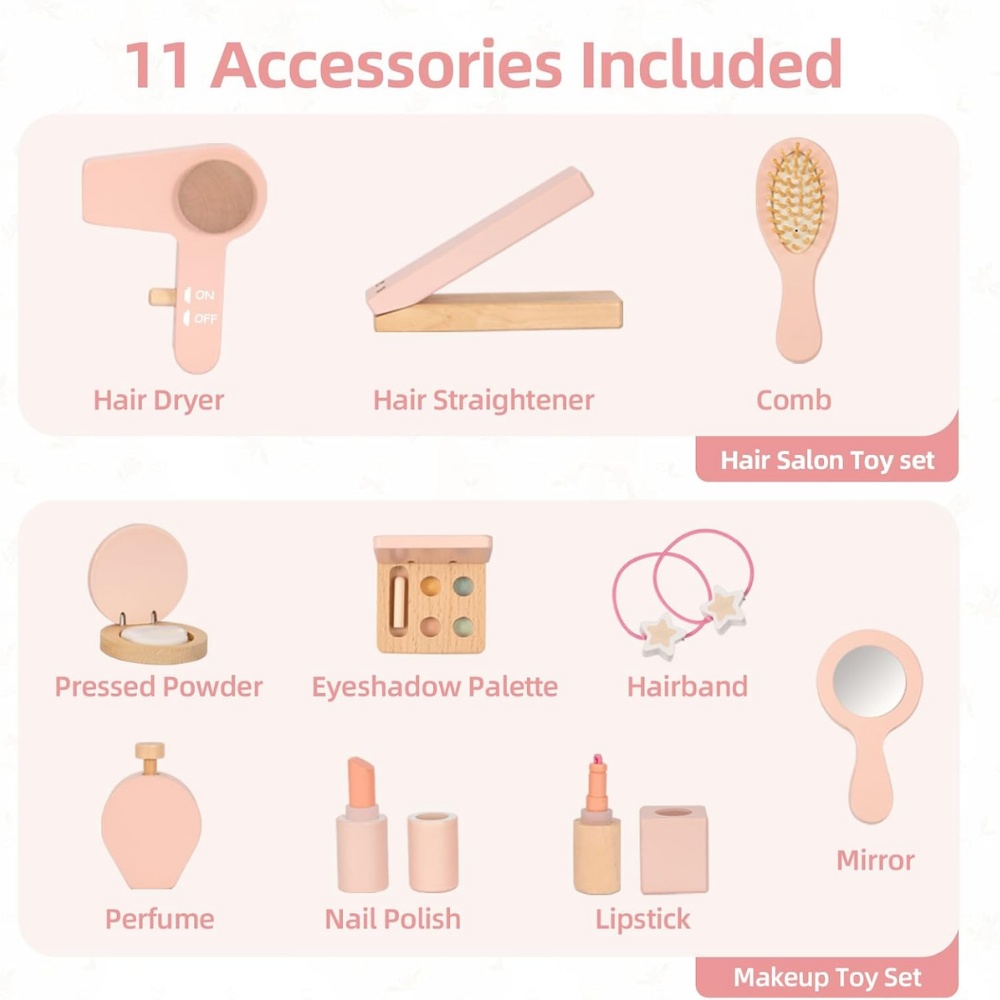 TookyToy - Wooden Dressing Table Role Play Kids with Accesories - 11 Pieces - Image 6