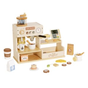 TookyToy - Pretend Play Wooden Cafe Coffe Shop Toy Set - 27 Pieces