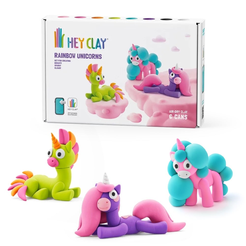 Hey Clay - Modelling Air-Dry Clay with Fun Interactive App - Brighty, Cloudy, Sparky, Series Rainbow Unicorns, 6 cans