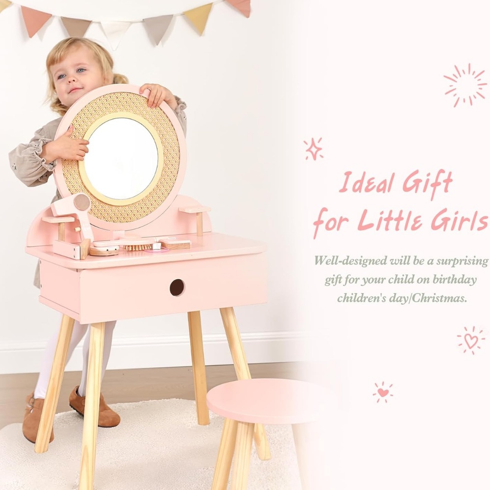 TookyToy - Wooden Dressing Table Role Play Kids with Accesories - 11 Pieces - Image 4