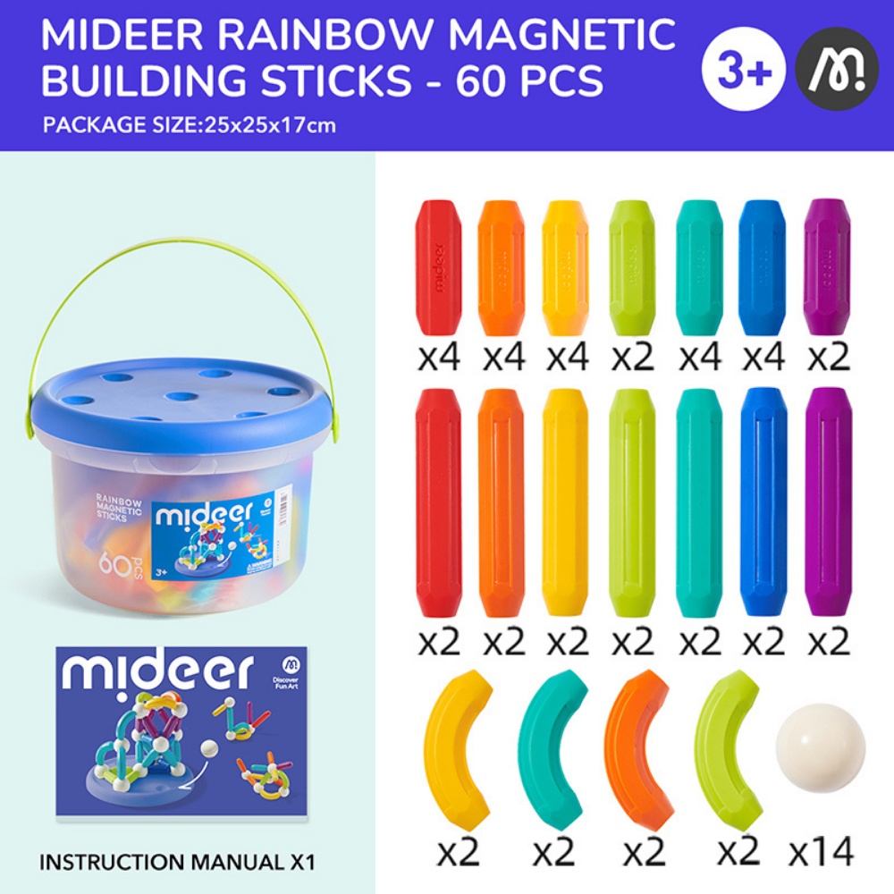 Mideer - Rainbow Magnetic Building Sticks STEM Construction Toy - 60 Pieces - Image 2