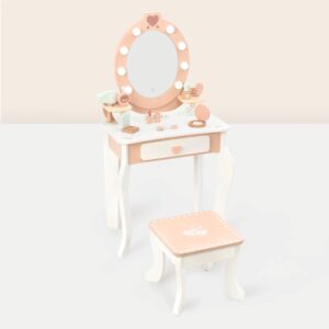 TookyToy - Wooden Vanity Table with Light-Up Mirror & Stool