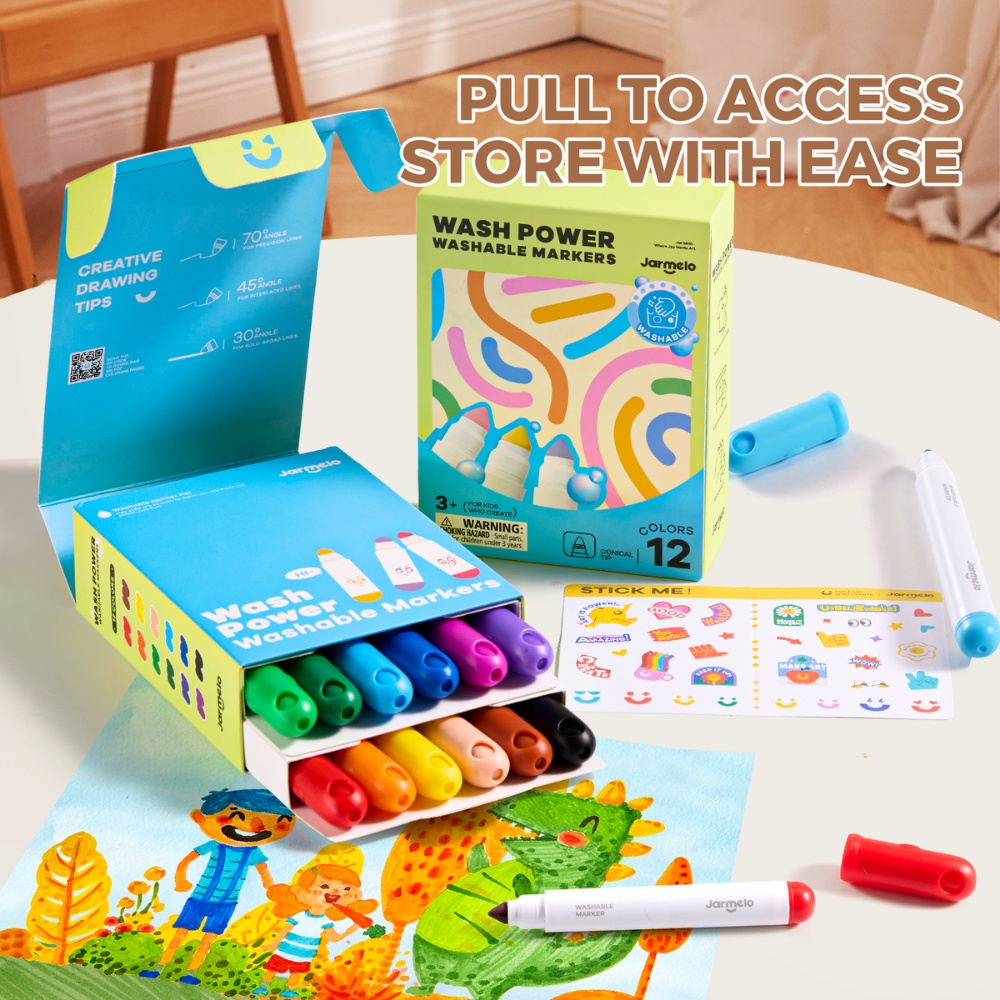 Jar Meló - Washable Markers - Broad Tip, 12 Vibrant Colours for Kids - Image 2