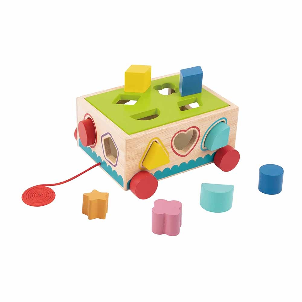 TookyToy - Wooden Pull Along Toy Car & Shape Sorter