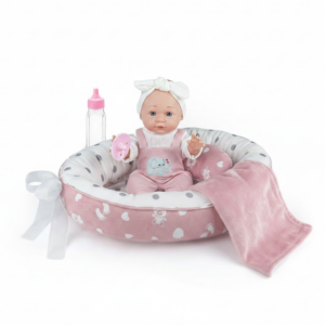 Baby Doll w Soft Body, Sleeping Nest, Pink Elephant Dungaree Outfit - 30cm