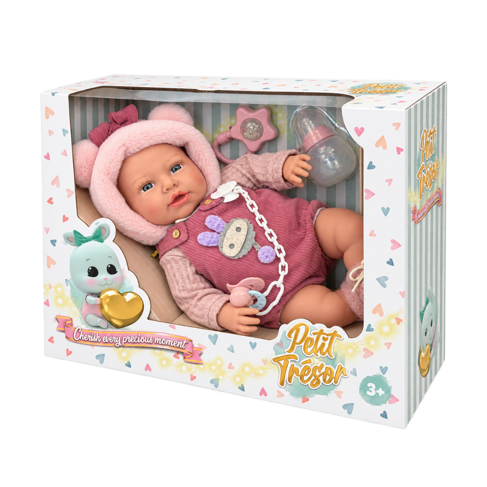 Takmay Dolls - Baby Girl Doll with Bottle, Rattle & Pacifier - Soft Body - 45cm