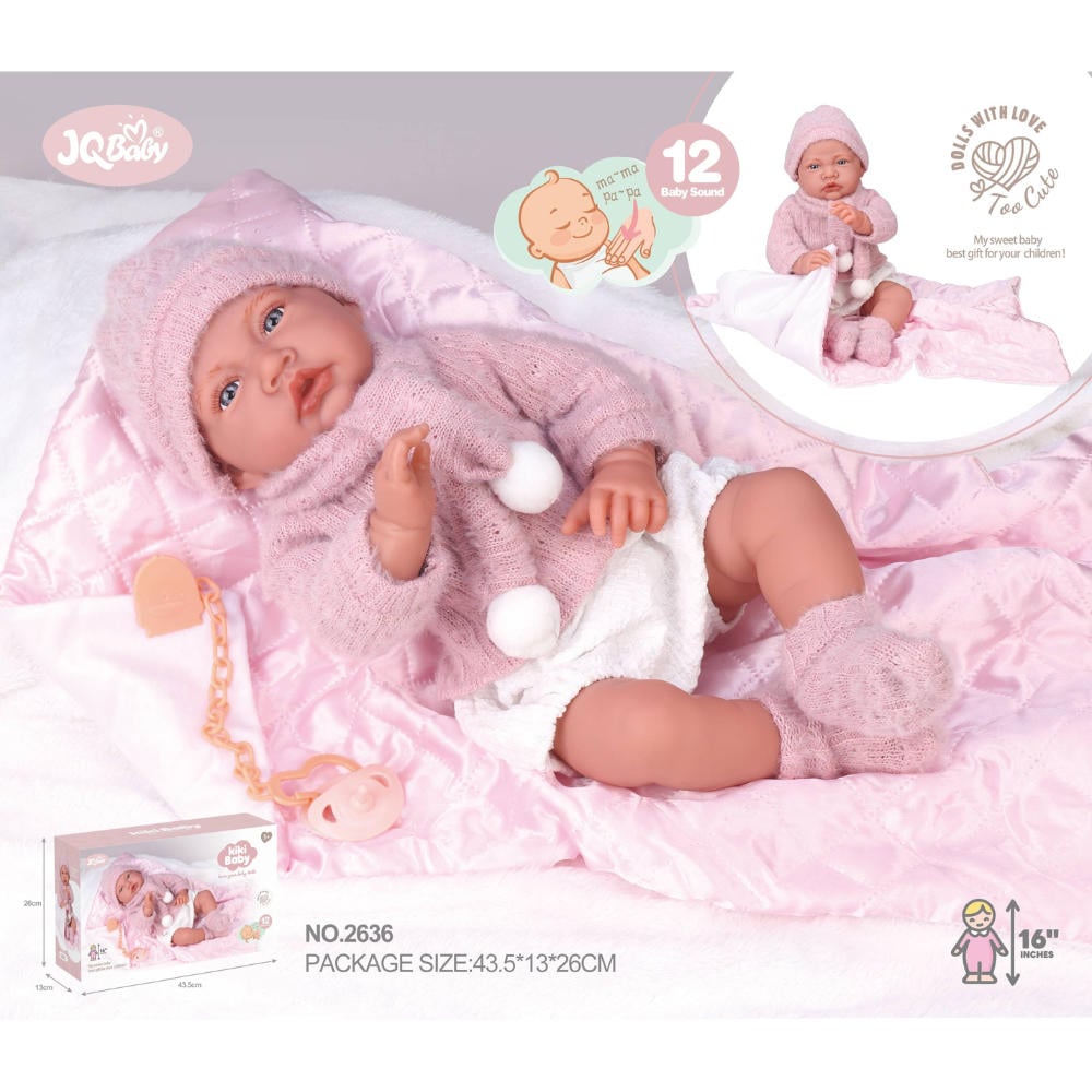 Baby Doll w Soft Body, 12 Sounds, Cushion and Pink Fluffy Knit Outfit -40cm - Image 2